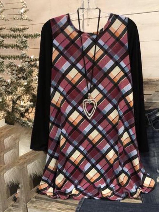 Multicolor Checkered/plaid Long Sleeve Casual Knitting Dress