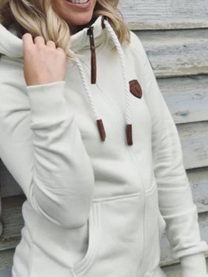 White Cotton-Blend Pockets Hoodie Long Sleeve Outerwear