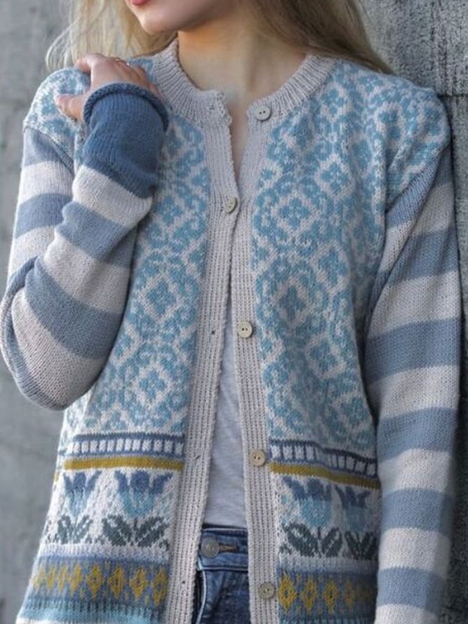 Large size Blue Long Sleeve Jacquard Sweater