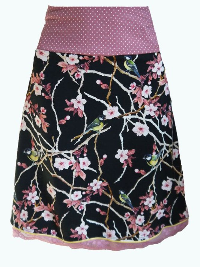 Pink Cotton-Blend Printed A-Line Casual Skirt