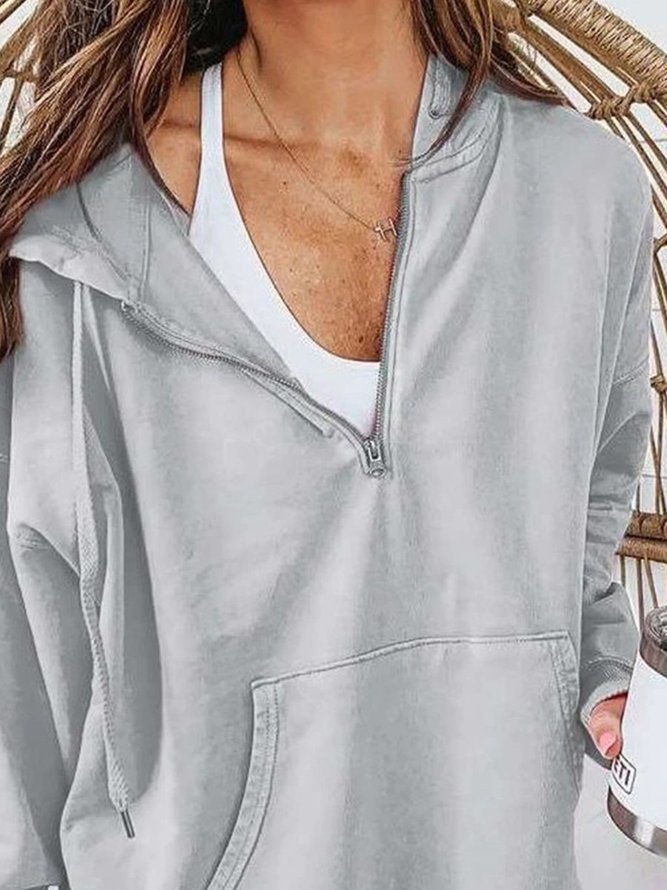 Gray Casual Pockets Zipper Cotton Hoodie Sweatshirts