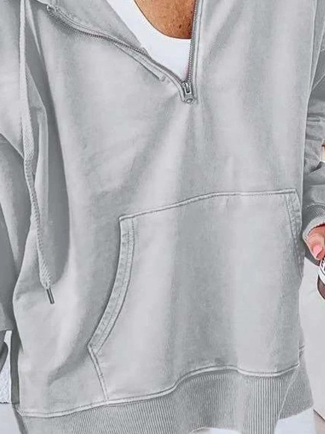 Gray Casual Pockets Zipper Cotton Hoodie Sweatshirts