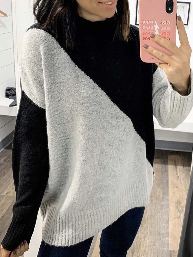 Black Color-Block Patchwork Long Sleeve Cotton-Blend Sweater