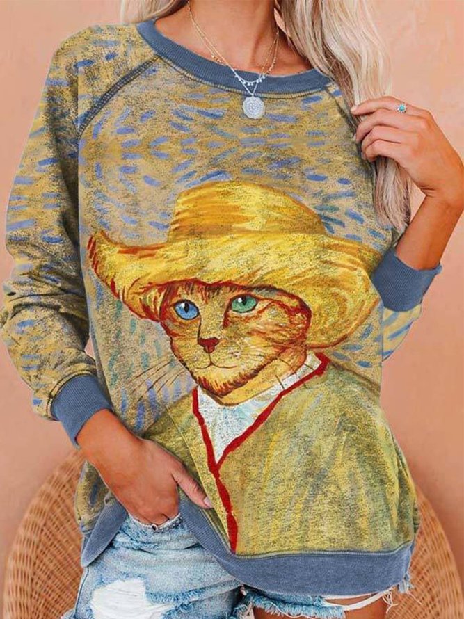Vintage Long Sleeve Statement Cat Printed Plus Size Casual Sweatshirt
