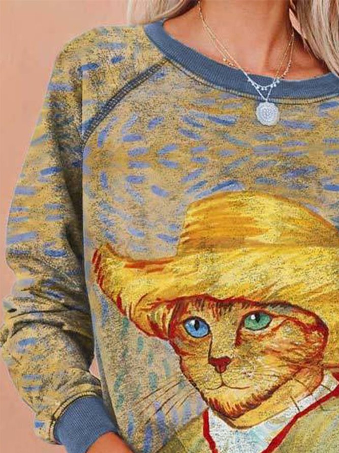 Vintage Long Sleeve Statement Cat Printed Plus Size Casual Sweatshirt