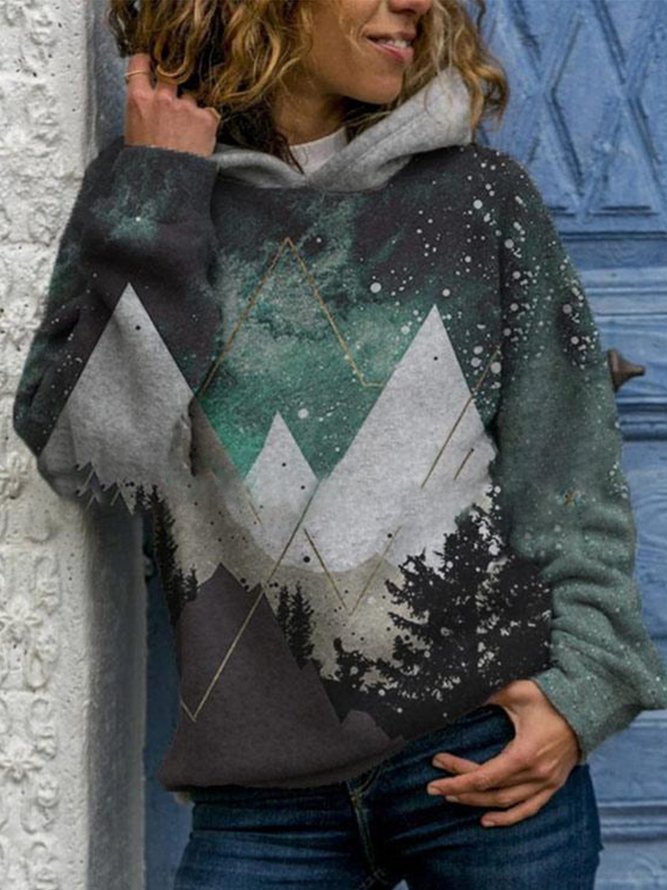 Vintage Hoodie Long Sleeve Landscape Printed Plus Size Statement Casual