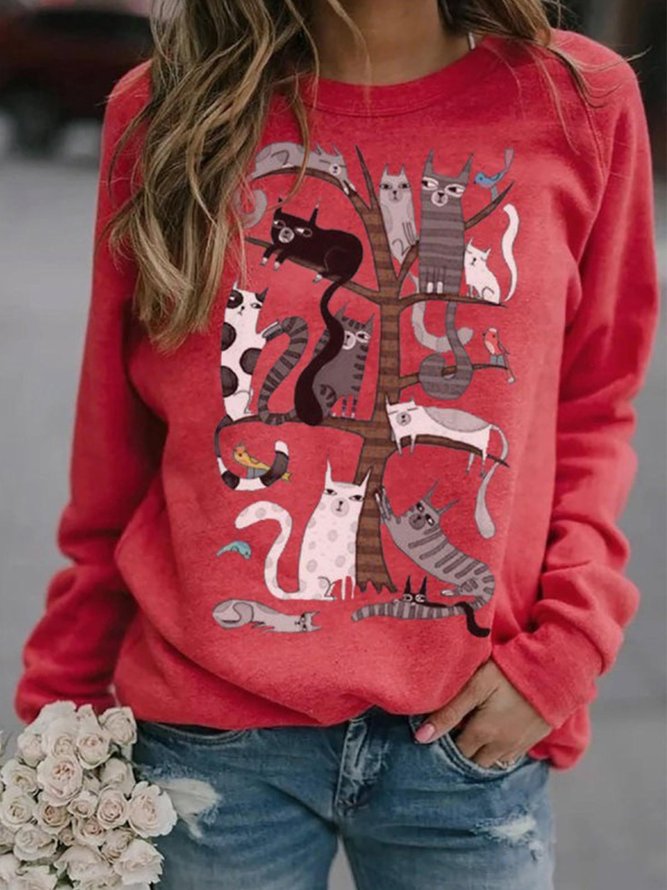 Vintage Statement Cat Printed Long Sleeve Crew Neck Casual Top