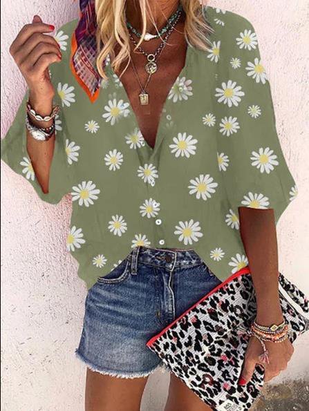 Casual 3/4 Sleeve V Neck Blouse