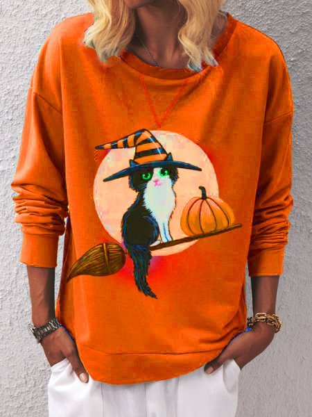Orange Bateau/boat Neck Casual Animal Shift Sweatshirts