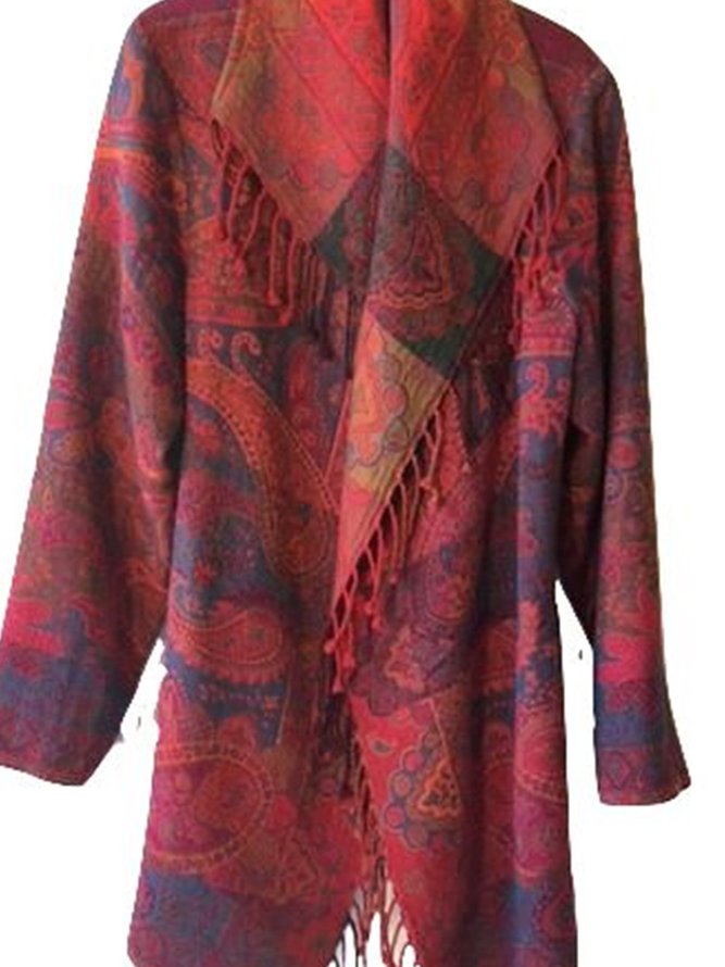 Plus Size Cowl Neck Tribal Long Sleeve Cotton-Blend Fleece Coat