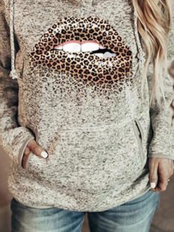 Gray Leopard Lip Pockets Hoodie Long Sleeve Cotton Sweatshirts
