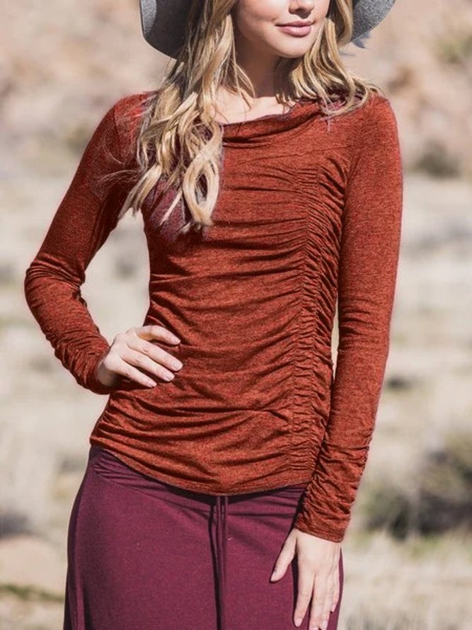 Casual Cotton-Blend Cowl Neck T-shirt