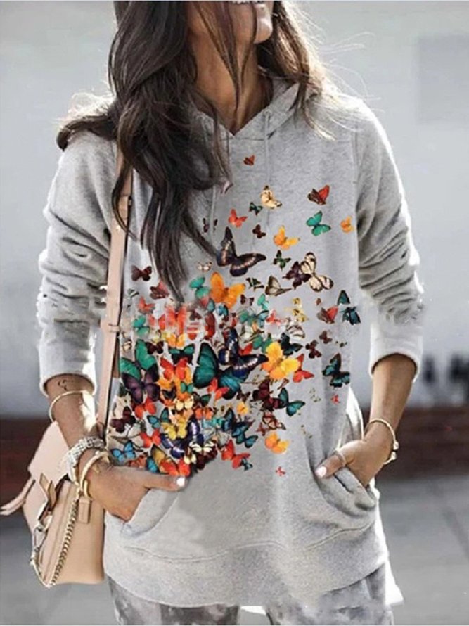 Gray Casual Butterfly Printed Shift Hoodie Sweatshirts