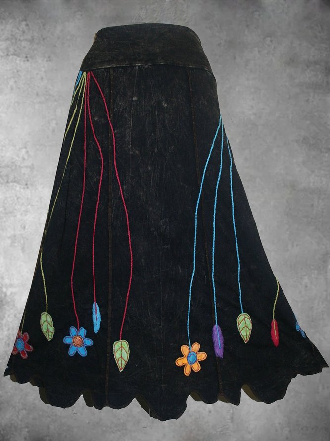 Black Printed Floral Cotton-Blend Vintage Skirt