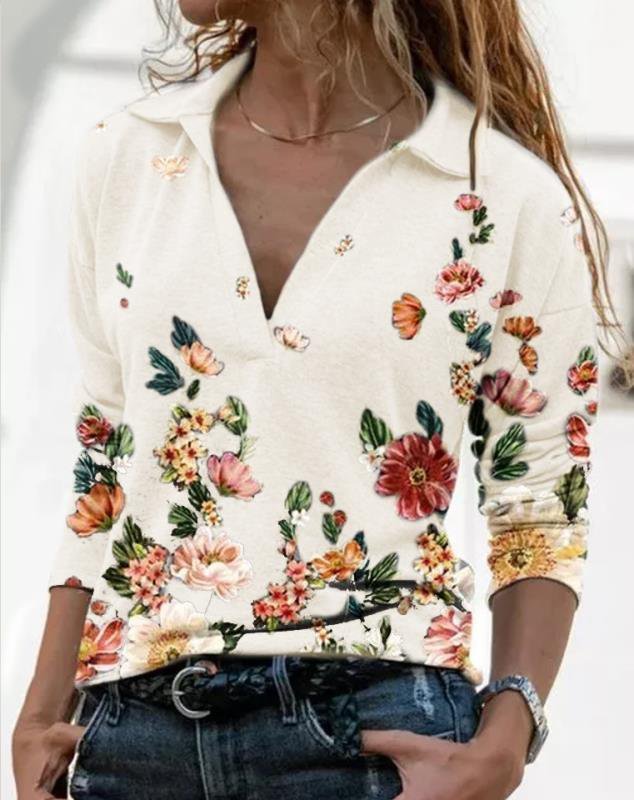Women Gray Cotton Casual Floral Printed V neck Shirt