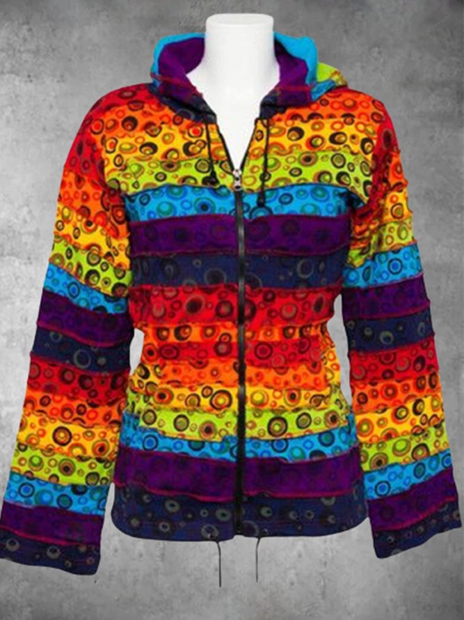 Vintage Hoodie Long Sleeve Multicolor Geometric Printed Plus Size Statement Casual Outwear