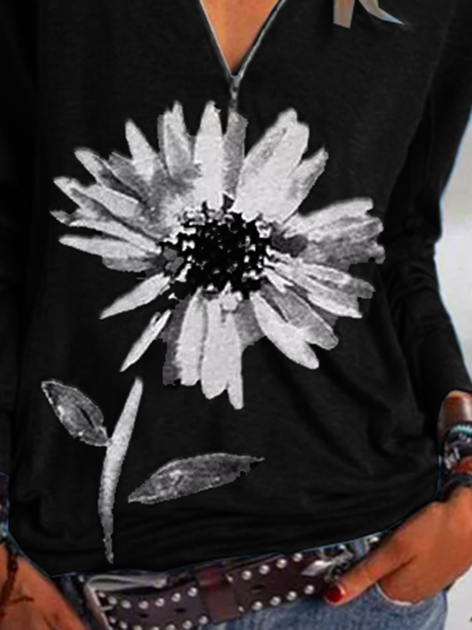 Black Knitted Floral-Print Vintage Top