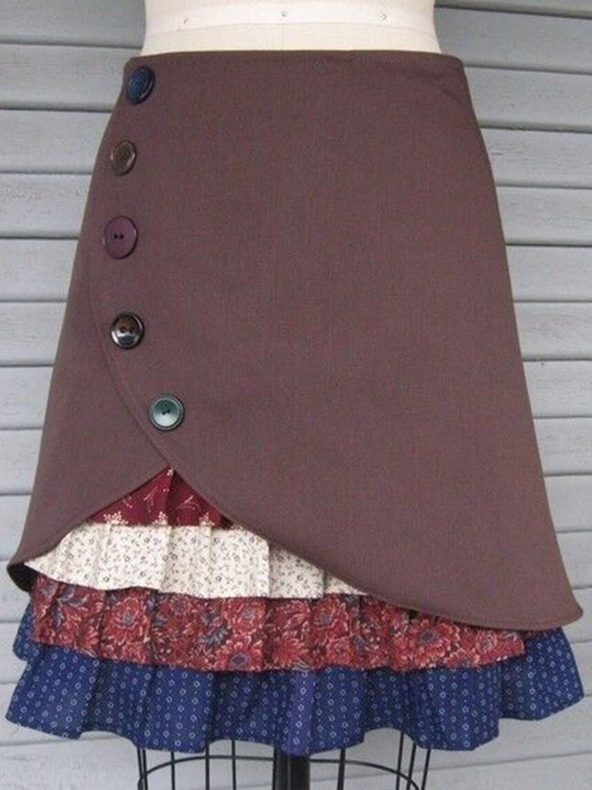 Red Printed Casual Floral Cotton-Blend Skirt