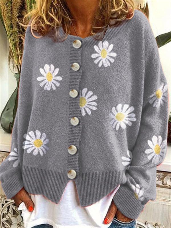 Long Sleeve Cotton-Blend Shift Floral Sweater