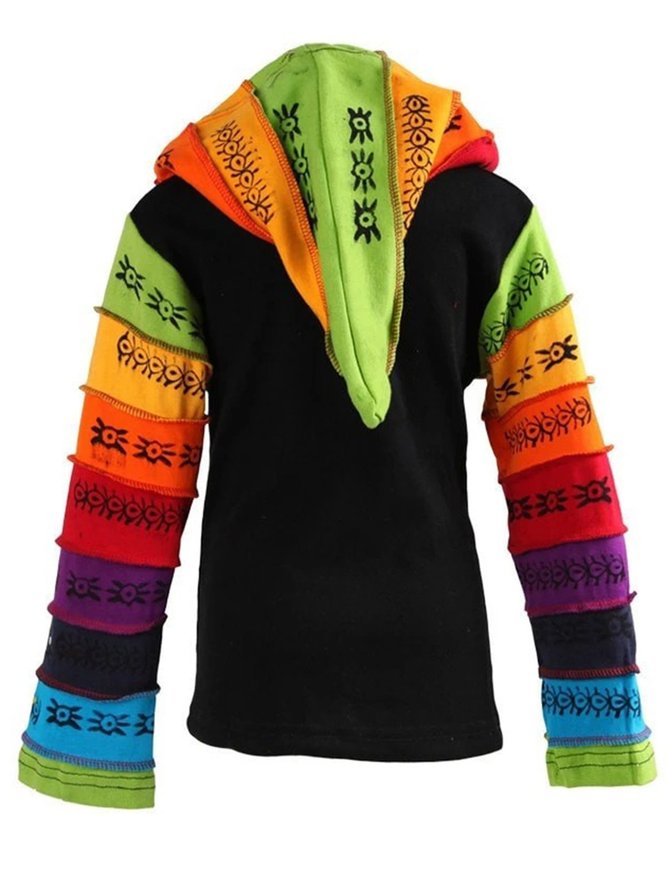 Vintage Hoodie Long Sleeve Multicolor Geometric Printed Statement Casual Outwear