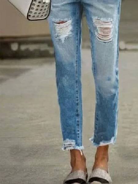 Blue Casual Ripped Denim Jeans