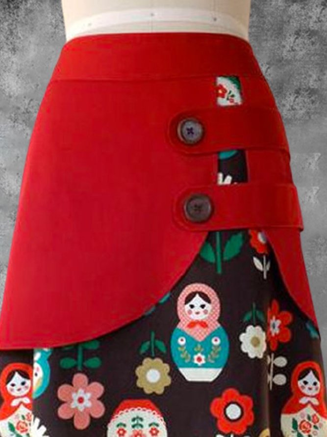 Red Asymmetric Floral Vintage A-Line Skirt