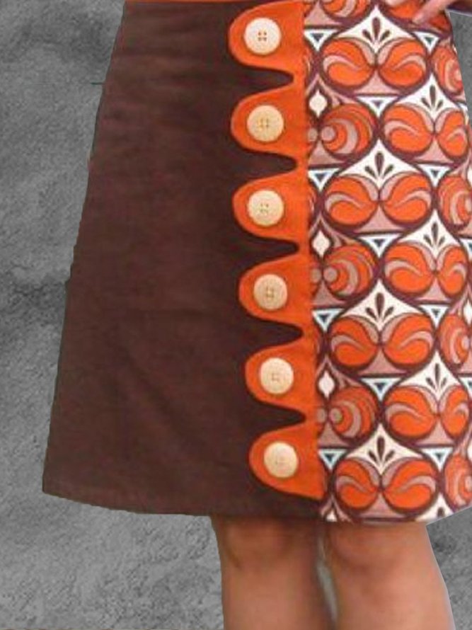 Orange Casual A-Line Floral-Print Skirt