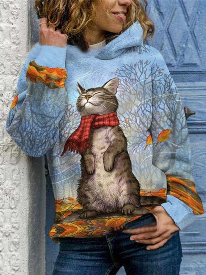 Vintage Hoodie Long Sleeve Cute Cat Printed Statement Casual Sweatshirts