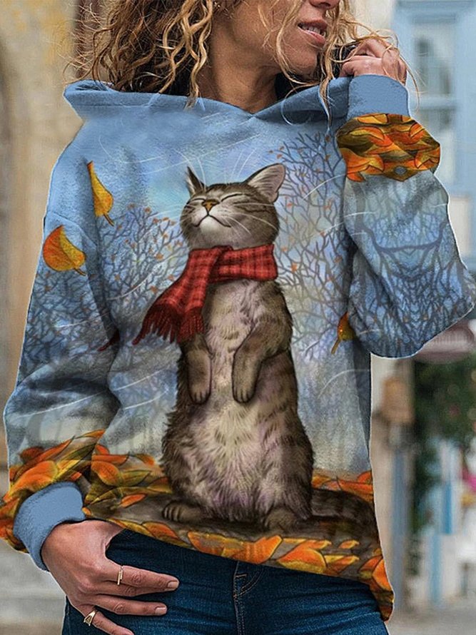 Vintage Hoodie Long Sleeve Cute Cat Printed Statement Casual Sweatshirts