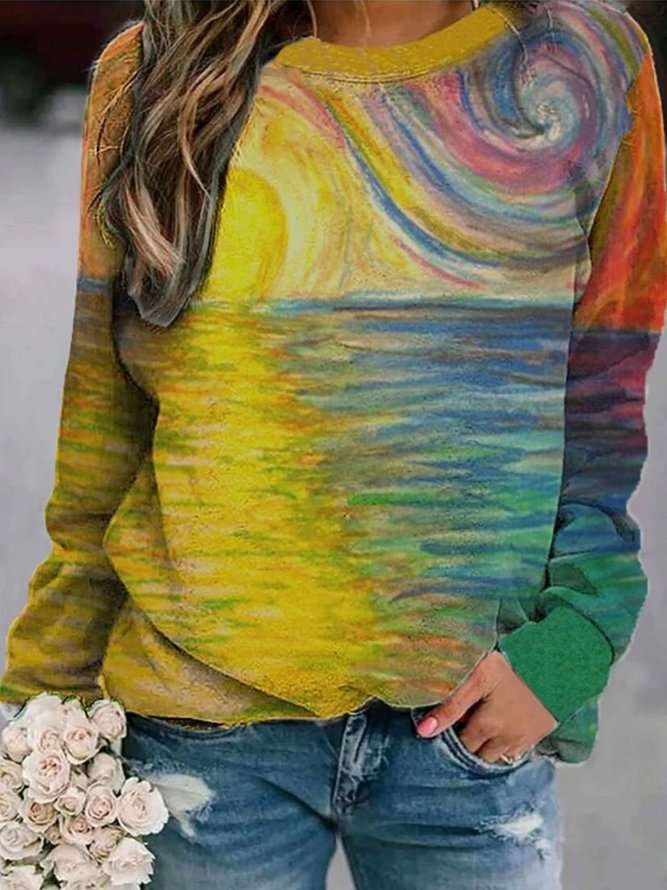 Large size Multicolor Long Sleeve Abstract Top