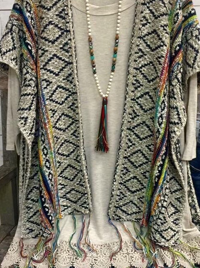 Large size Multicolor Cotton-Blend Tribal Printed Half Sleeve Fleece Coat