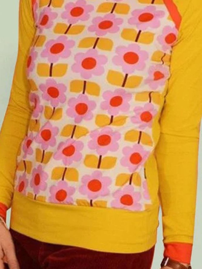 Yellow Floral Long Sleeve Paneled Casual Top