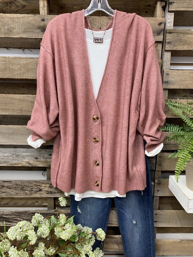 Vintage Plain Buttoned Long Sleeve Plus Size Casual Sweater Cardigan