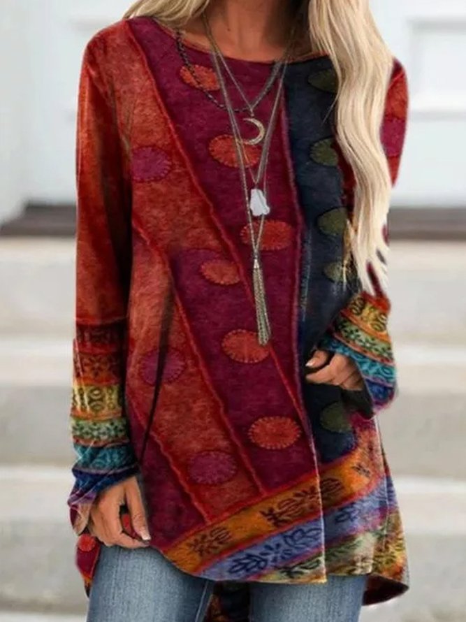 Long Sleeve Patchwork Round Neck T-shirt