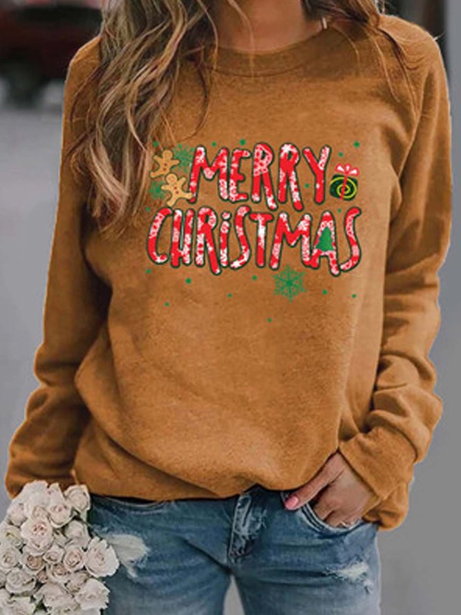 Letter  Sleeve Long Sleeve  Printed   Polyester  Crew Neck Merry Christmas Top Xmas Hoodies