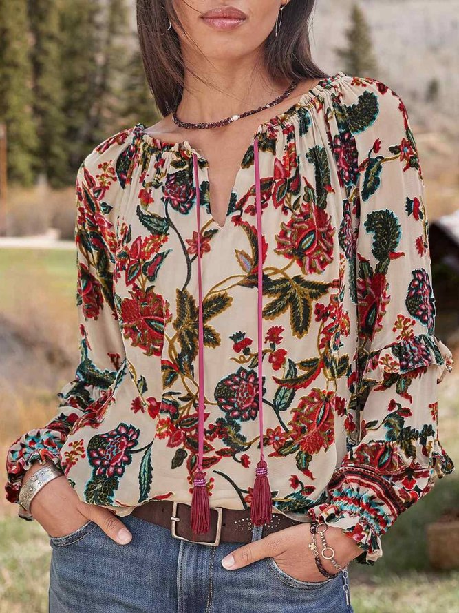 Casual Floral Long Sleeve Shirts & Tops zolucky