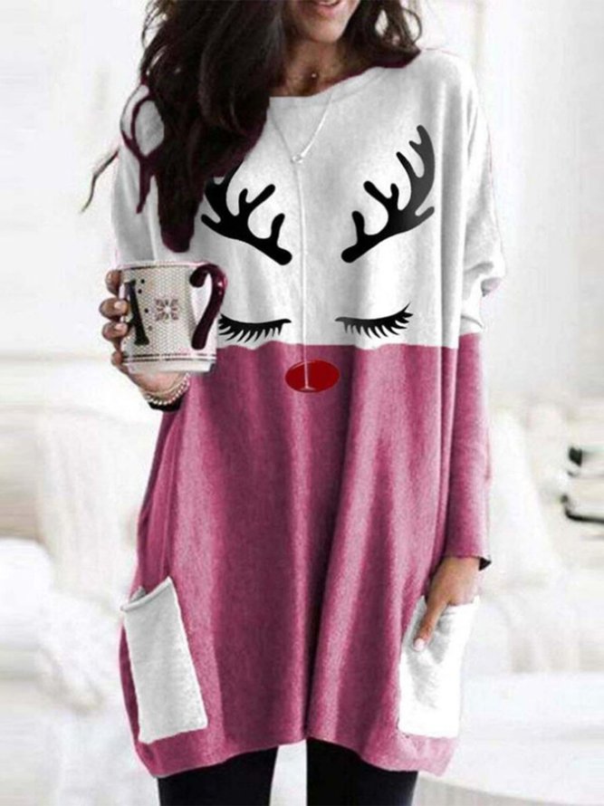 Vintage Long Sleeve Statement Elk Printed Paneled Plus Size Casual Tops