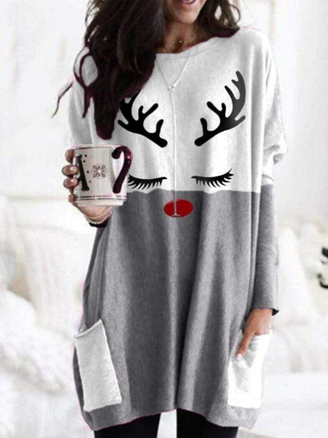 Vintage Long Sleeve Statement Elk Printed Paneled Plus Size Casual Tops