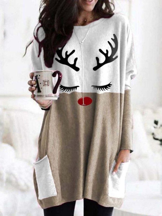 Vintage Long Sleeve Statement Elk Printed Paneled Plus Size Casual Tops