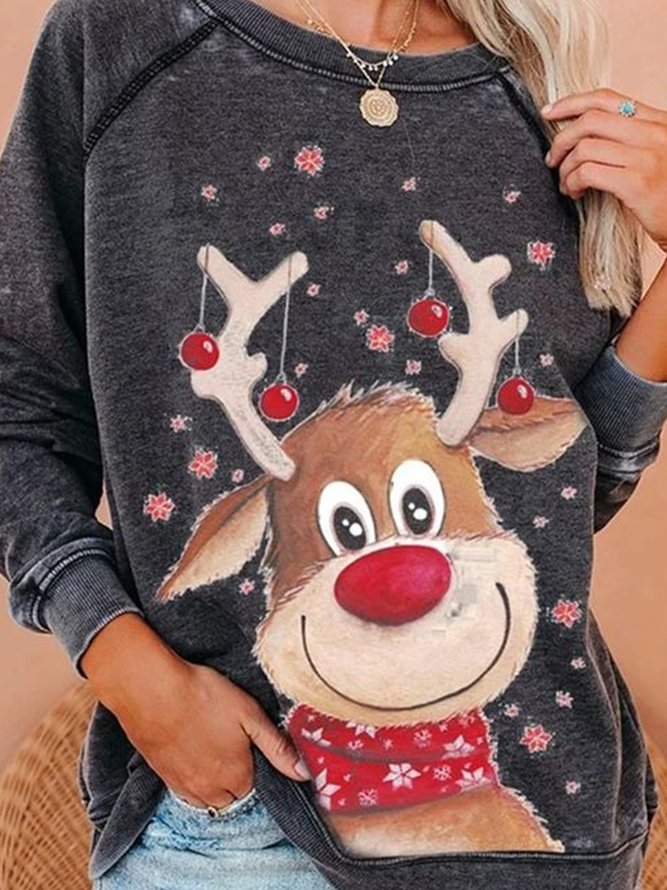 Christmas Crew Neck Cotton-Blend Animal Casual T-shirt
