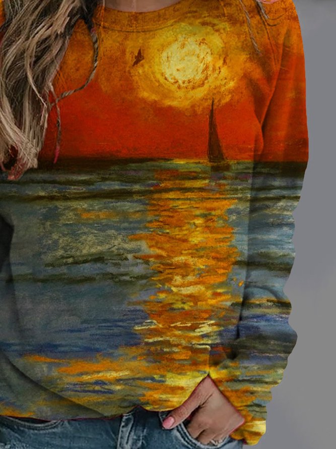 Abstract Long Sleeve  Printed  Cotton-blend  Crew Neck Top