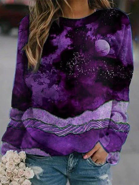 Vintage Multicolor Long Sleeve Crew Neck Statement Moon Night Printed Casual Tops