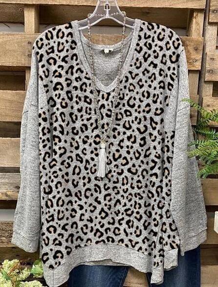 Casual Long Sleeve Color-Block Leopard T-shirt