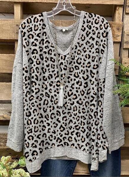 Casual Long Sleeve Color-Block Leopard T-shirt
