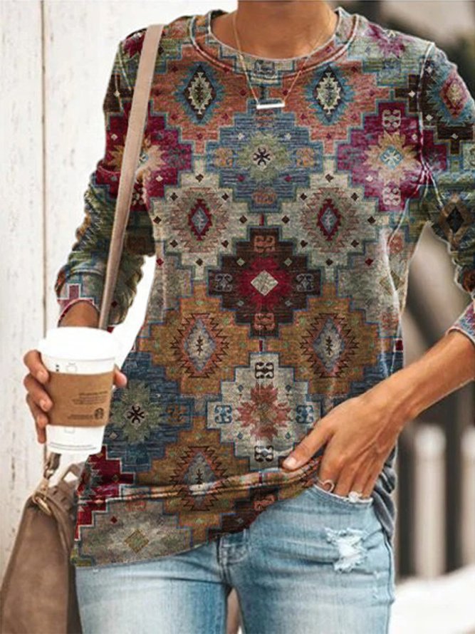 Floral-Print Casual Long Sleeve Round Neck Sweatshirts