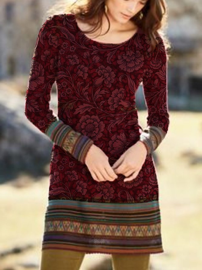 Cotton Round Neck Casual Printed Knitting Dress