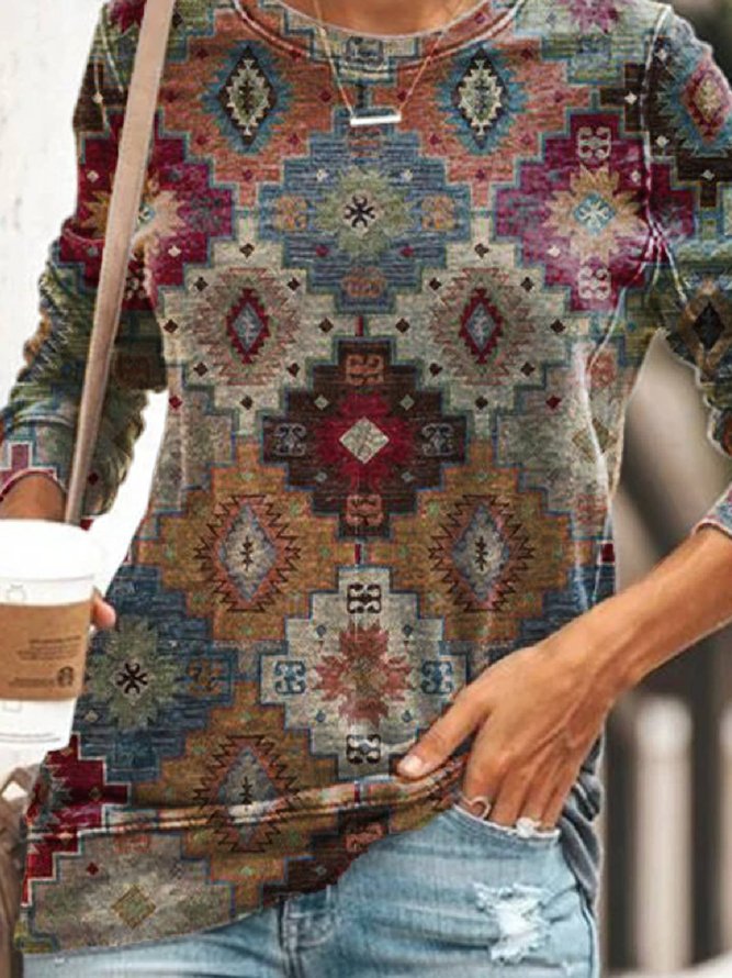 Floral-Print Casual Long Sleeve Round Neck Sweatshirts