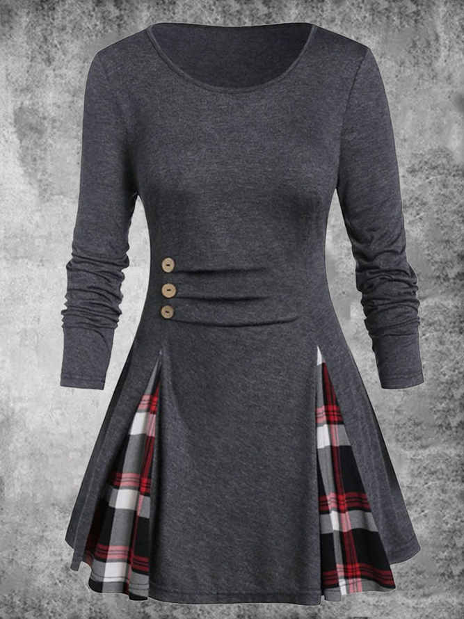 Long Sleeve Checkered/plaid Color-Block Holiday Knitting Dress