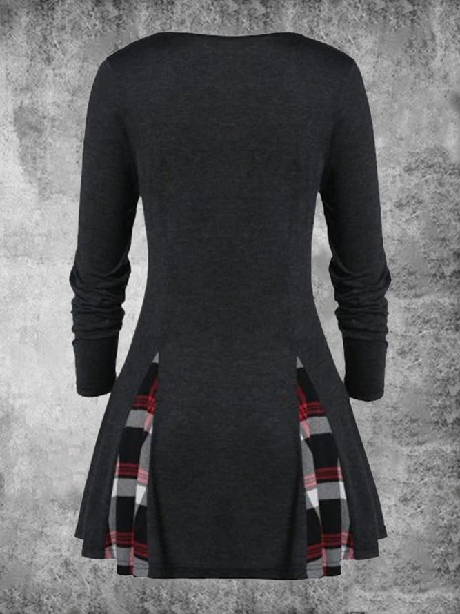 Long Sleeve Checkered/plaid Color-Block Holiday Knitting Dress