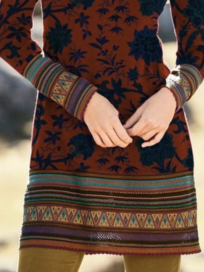 Floral Long Sleeve Knitting Dress